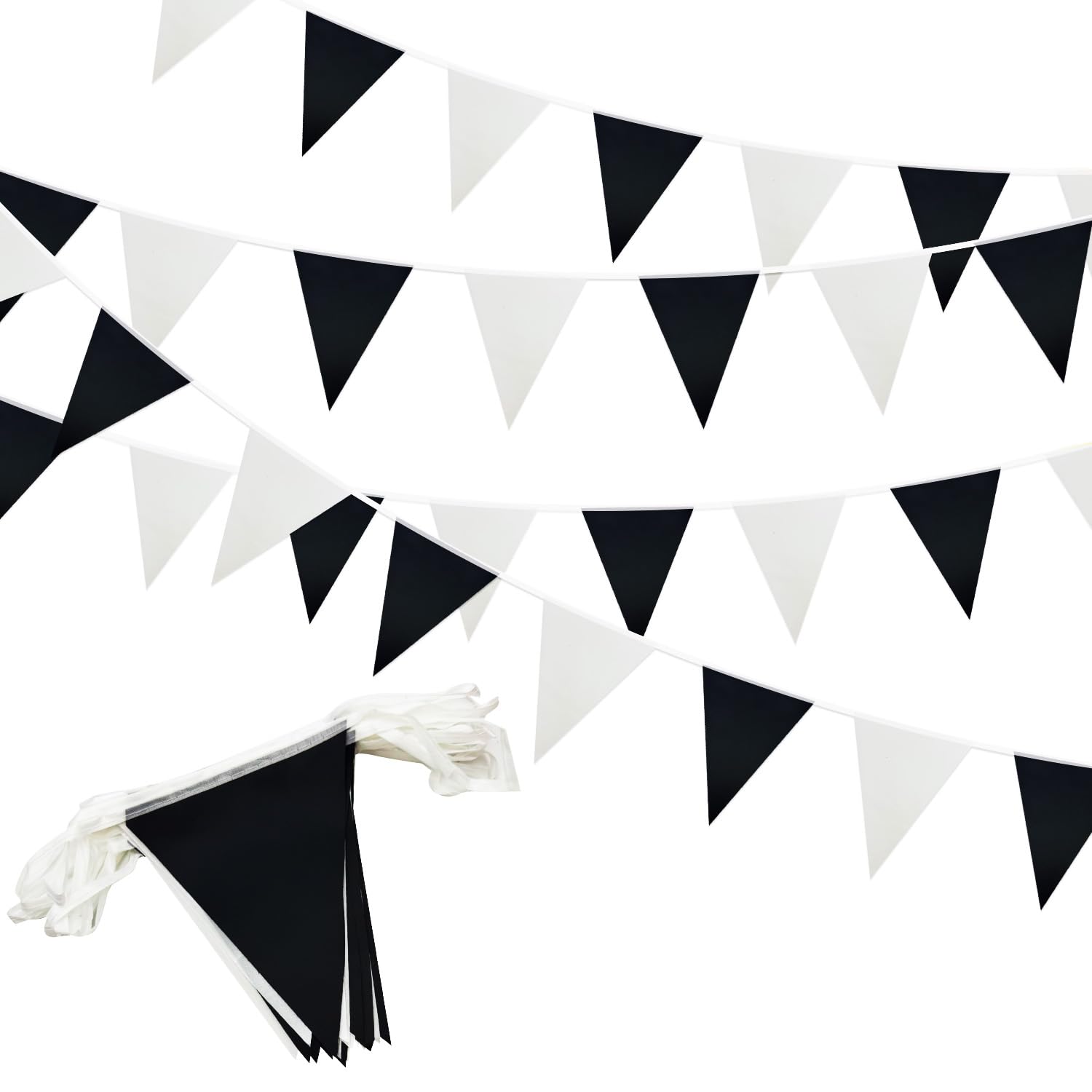 20M Black and White Bunting Banner, 52pcs Reusable Waterproof Triangle Pennant Banner Flags, Supply for Indoor Outdoor Birthday Wedding Engagement Party Decoration