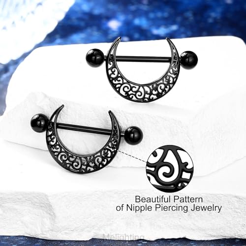 Melighting Black Nipple Rings 14G Pattern Piercing Jewelry for Women - Stainless Steel 316L Moon Barbell4