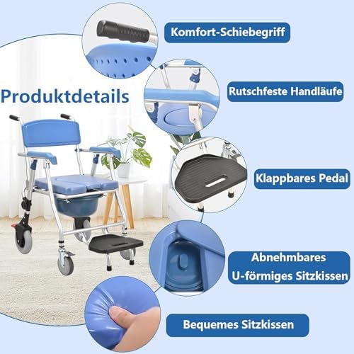 Krzesło toaletowe z kółkami, komoda prysznicowa dla seniorów i niepełnosprawnych, ergonomiczne oparcie, komoda nocna dla łatwej mobilności, nośność 150 kg