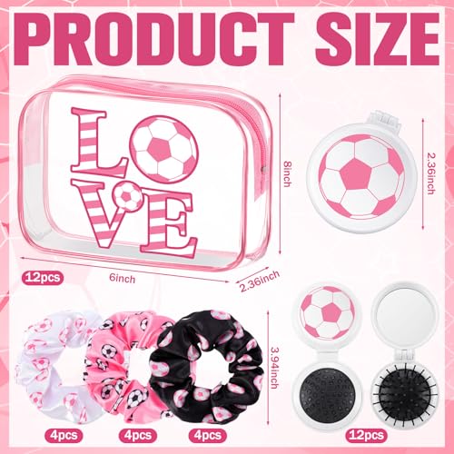 36 Pcs Pink Soccer Gifts for Girl 12 Pink Soccer Makeup Bag Bulk Cosmetic Bag Sport Team Gifts with 12 Sport Hair Scrunchies 12 Round Portable Folding Brush for Coach Team Soccer Party3