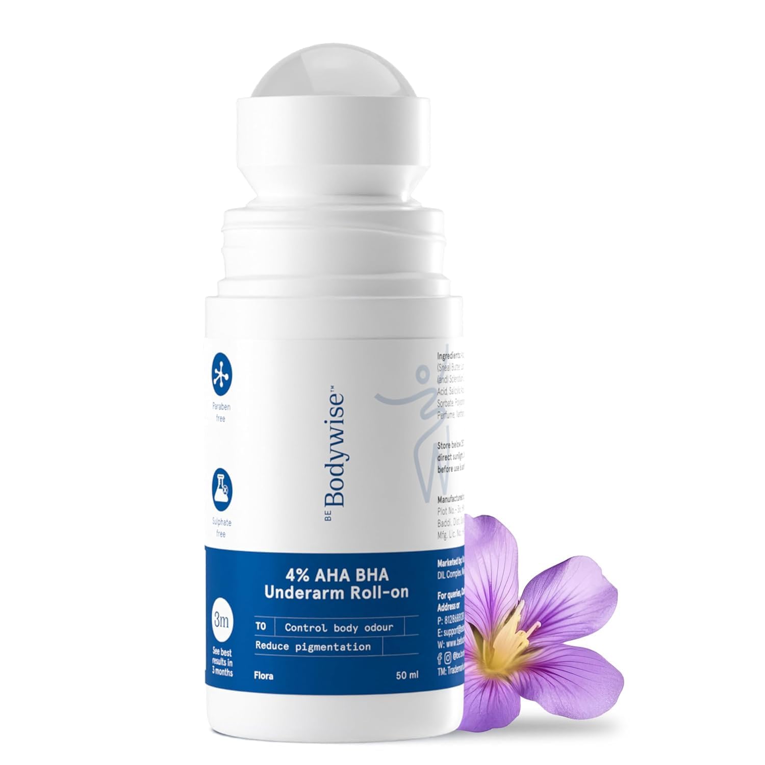 Be Bo-dywise 4% Aha Bha Underarm Roll On 50ml | 2% Lactic Acid, 1% Mandelic Acid, 1% Salicylic Acid | Controls Odour & Reduces Pigmentation