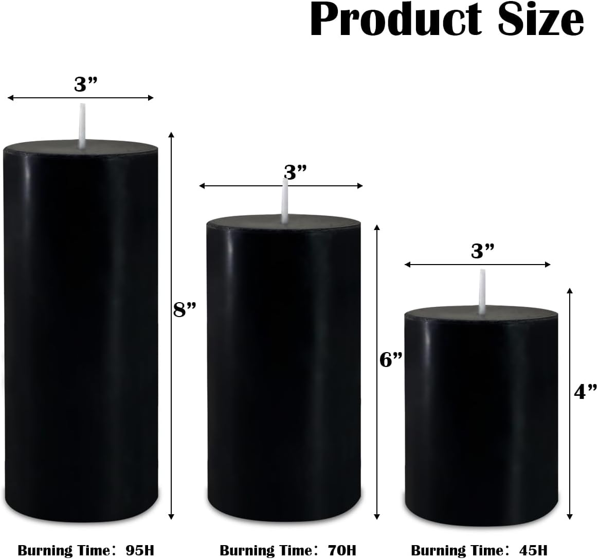 Black Pillar Candles Set of 3 - Dripless Unscented - 3x4, 3x6 & 3x8 inches Decorative Candles for Home Decor & Table Centerpieces