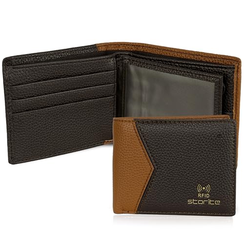 Image of Storite Men's RFID Blocking Bifold Wallet - Slim Genuine Leather Wallet with 2 ID Windows, Card Slots & Coin Pocket Mens Wallet (Tan & Brown)
