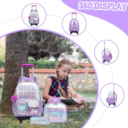 Image of HTgroce Rolling Backpack with Wheel,School Backpack for Kids Girl Roller Schoolbag Wheeled Backpacks Set Carry-on Luggage,Purple