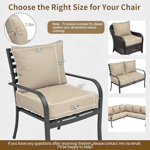 Image of 24x24 Outdoor Chair Cushions Set of 4, Waterproof Deep Seat Cushions for Patio Furniture with Removable Cover, Fade Resistant 4'' Outdoor Seat Cushion w /Ties&Handle for Sofa Loveseat,Khaki+Pipes