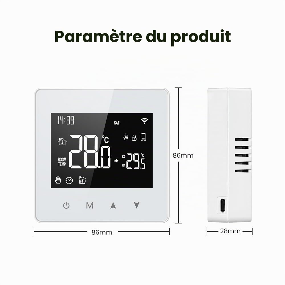 Thermostat Connecté WiFi,Thermostat Chaudiere Gaz a Pile Ou USB,Chaudière Gaz,Compatible avec Alexa et Google Home,Voix et Télécommande,Thermostats D'ambiance Programmable (Blanc)