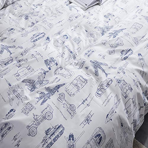 Image of KAREVER White Aircraft Comforter Set Twin Boys Cartoon White Bedding Set Airplane Comforter Car Tank Printed Bedding for Children Teen Boy Blanket Set