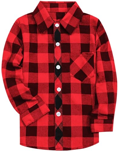 Boys Flannel Shirt Long Sleeve Button Down Plaid Shirt Red Black, 8-9 Years = Tag 150