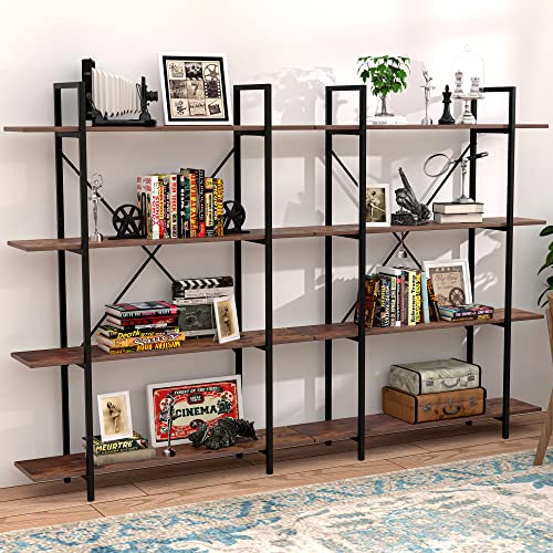 4 Tier Rustic Wood Bookshelf, Vintage Industrial Etagere Bookcase, Standing Display Case With Shelves For Living Room, Bedroom, Office, Brown #TOP4