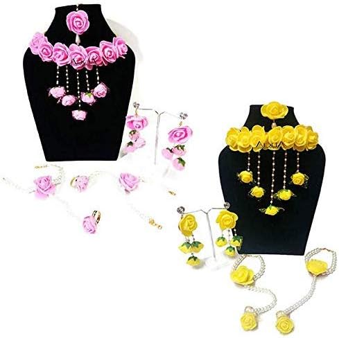 QUVYARTS Floret Gota Patti Necklace, Earrings, Bracelet & Maang Tika For Women& Girls(Mehndi/Haldi) set of 2