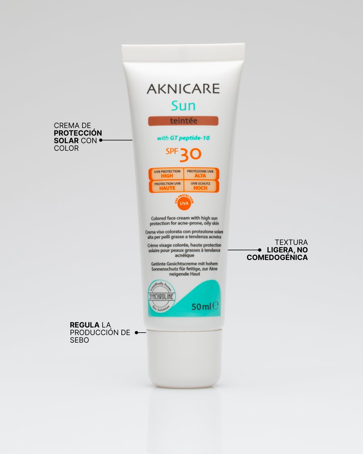 Synchroline - Aknicare Sun Teintée Spf30 Crema Facial Colorada 50 Ml Anti Imperfecciones Piel Mixta y Grasa Con Ácido Hialurónico y Filtros Solares, Made In Italy