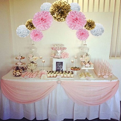 Mowo Paper Flower Tissue Pom Poms Baby Shower Party Supplies (Gold,Pink,White,18Pc) #TOP4