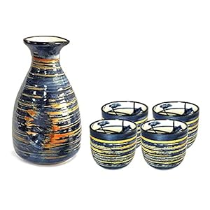 Sake-Set, japanische Geschenke, 5 Stück, traditionelles japanisches Sake-Tassen-Set, handbemaltes Design, Porzellan, Keramik, zum Basteln, Weingläser (blau reich, 300 ml)