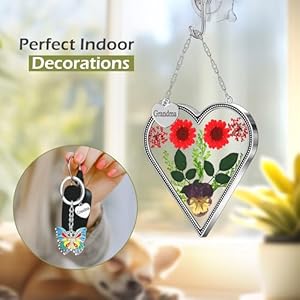Kybosam heart suncatcher for windows hangings grandma gift stained glass butterfly suncatcher pressed flower between heart in glass metal engraved charm gift for women mothers day birthday christmas  urban country home decor