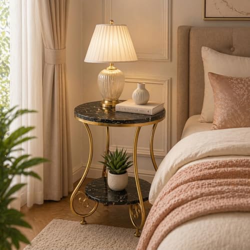 Image of CARTADEN 2 Tier End Table in Living Room, Industrial Style Round Bedside Table with Storage, Small Outdoor Coffee Table for Bedroom Balcony Patio Gold Black