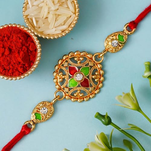 Image of eCraftIndia Red Blue Round Designer Rakhi for Brother Bhaiya Bhai | Roli Chawal Pack | Rakhi Combo