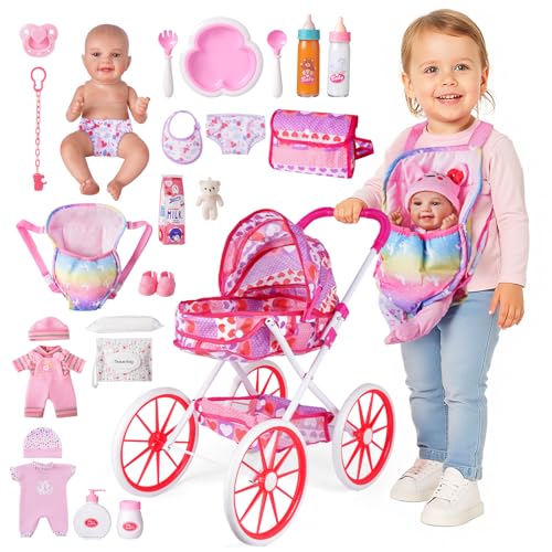 BABESIDE carriola y accesorios para muñecas – Muñeca de bebé lavable de 12 pulgadas con 24 piezas de kit de cuidado,...