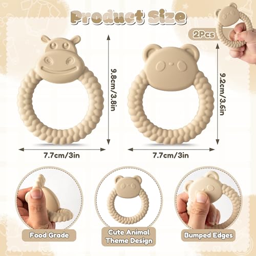 Image of Silicone Teething Toy for Babies - 2ooya 2Pcs Bear Animal Theme Teething Ring Relief Chew Toy Infant Sore Gums Pain Soft Food Grade Silicone Teethers for Toddler 6-12 Months Birthday Baby Shower