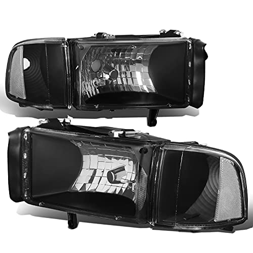 Auto Dynasty Headlights Assembly Compatible with 1994-2002 Dodge Ram 1500 2500 3500 Non-Sport, 4Pcs Driver and Passenger Side Halogen Headlamps Replacement w/Corner Lamps, Black Housing Clear Corner