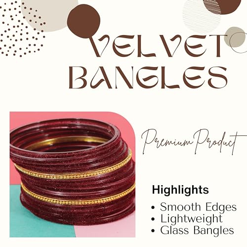 Image of NMII Glass Bangles For Women and Girls with Velvet and Golden Ballchain Linked | Plain Glass Bangles | Velvet Chudi Set | Bangles For Women | Stylish Glass Chudi Bangles- Set of 28