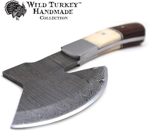 Wild Turkey Handmade Damascus Steel Collection - Hacha de hoja fija de 9 pulgadas con funda de cuero