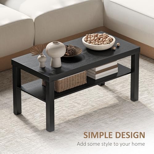 HOMCOM Coffee Table with Storage Shelf, Rectangular 2 Tier Center Table for Living Room, Home Office, 35.5 x 17.75 x 17.5 Inch, Black - Image 5