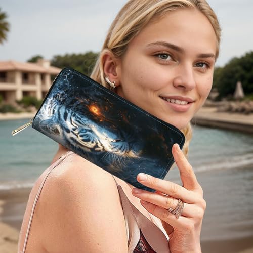 Image of RFID Blocking Leather Wallet for Women - Large Capacity Zip Around Clutch with 8 Card Slots,12 Cash Pockets & Coin Zipper,Yin and Yang Tiger