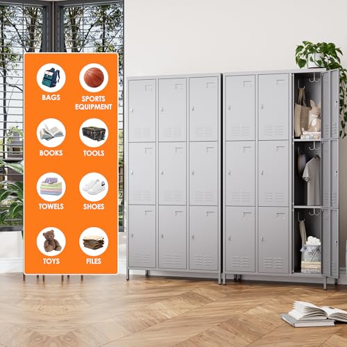 Image of SUPEER 9 Door Metal Storage Lockers for Employees,Heavy Duty Steel School Locker with Adjustable Shelves and 27 Hooks,Metal Lockers for Gym,Home,Garage,72 inch H x 35.4 inch W,Dark Grey,Assembly Required