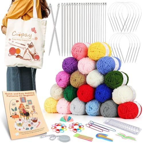 Coopay Knitting Kit for Beginners w/20 Colors Yarn, Knitting Set Include 11 Pairs Knitting Needles Set & 11 Circular Knitting Needles with Cat Tote Bag Knitting Book, Knitting Kit for Beginners Adults