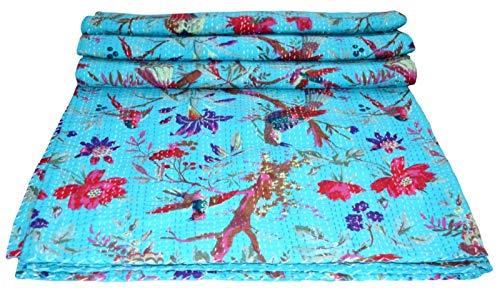 YUVANCRAFTS Indian Handmade Kantha Quilt Pure Cotton Birds and Floral Screen Print Queen Quilt Blue Blanket Bedspreads Throw