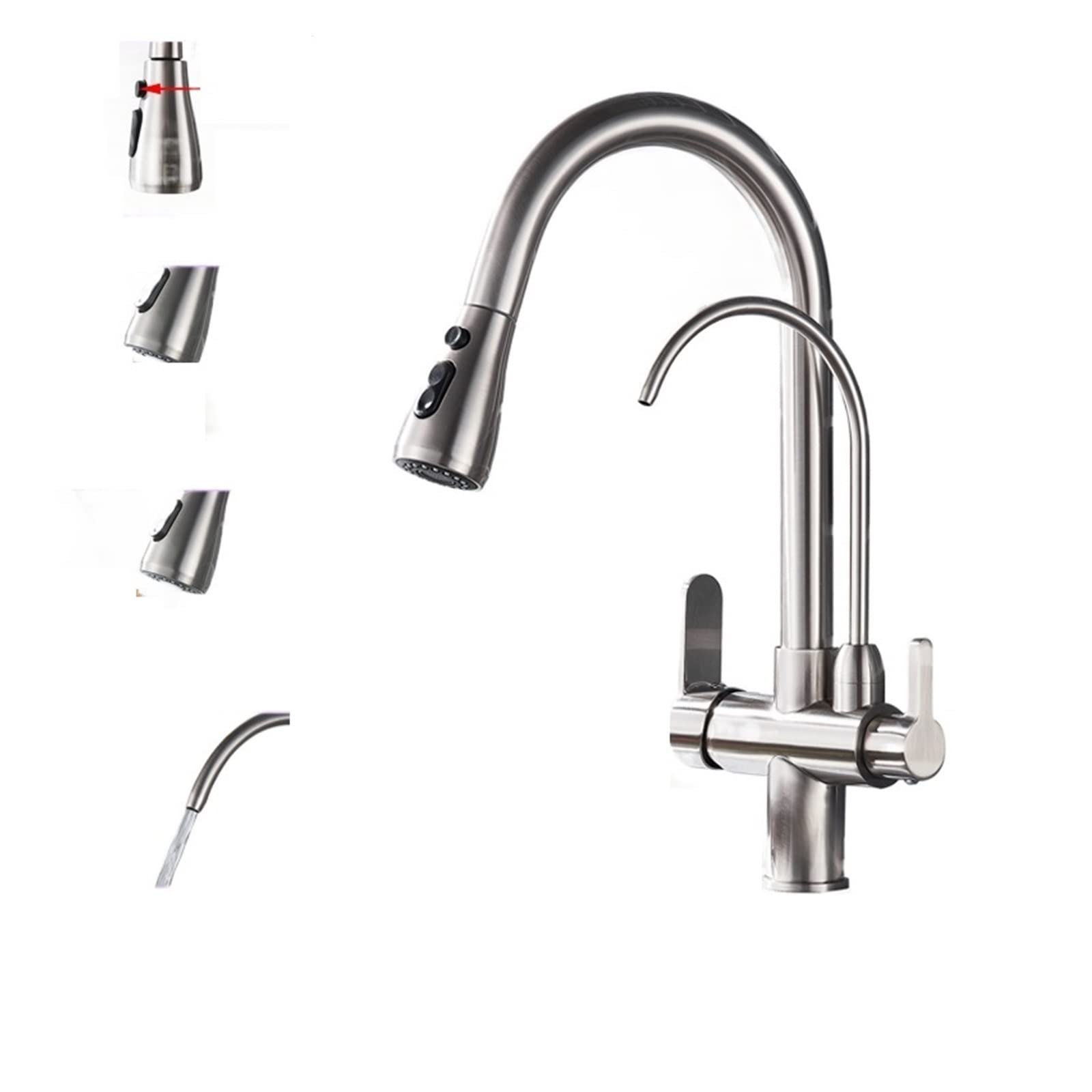 MXXQRHF Faucet Golden Kitchen Faucet for Purified Water Brass Deck Mounted Dual Handle Pull Out Sink Faucet2Swivel Spout Mixer Tap Smart Faucet (Brushed Nickel)