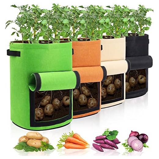 Homyhoo 4 Pack Potato Growing Bag with Flap 10 Gallon Planter Pots with Handles and Harvest Window for Potato Tomato and Vegetables, Black Green Orange and Beige