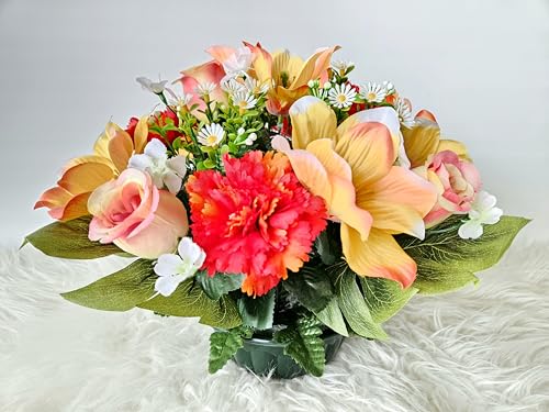 Roselynexpress Composition de Fleurs Artificielles Lesté Ciment pour Une Parfaite Tenue à L' Extérieur Vu Son Poids et Son Pot en Forme de Charlotte....