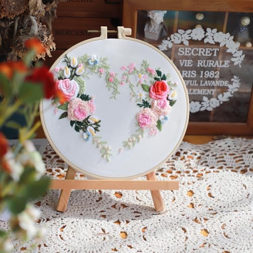 Image of FONNUY Love Heart Crewel Embroidery Kit for Beginners, Pre-Stamped Pattern Kits for Adults with Hoop, Easy to Follow Color Thread Needlework, 8'' Hoop (Floral Heart)