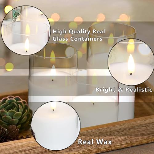 Image of CANDLE CHOICE Real Wax Battery Operated Flameless Pillar Candles with Remote Timer Clear Glass Shell Realistic Black Wick Flickering Electric LED Lights Wedding Halloween Christmas Decorations 3 Pack