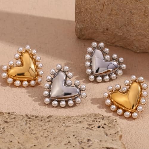 Boucles d'oreilles acier inoxydable anti-allergie cœur et perle - 4