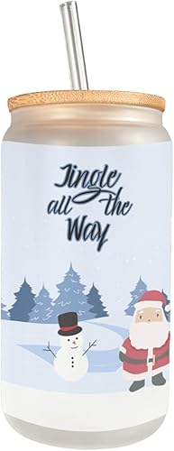 Jingle All The Way Frosted Glass Can with Bamboo Lid, cleaning brush and plastic straw, 16 Oz Santa Claus & Snowman Glass Cup Mugzan