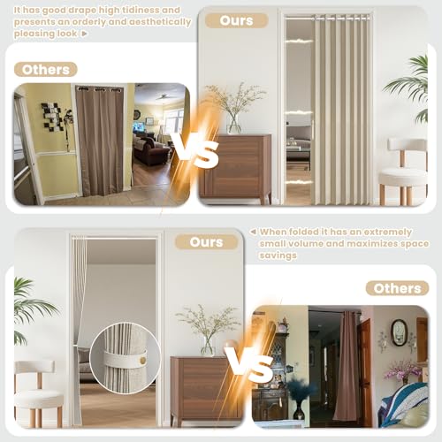 Image of AJAZZ Blackout Accordion Door with Curtain Rods 39-52 in Length, Invisible Folding Accordion Doors Interior Magnetic Door Curtain for Bedroom Doorway Curtain Set, 1 Panel, W55 x L80 in, Cream Yellow