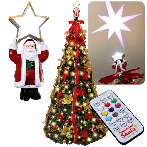 Superstar Santa Pop-Up Christmas Tree, 7FT, Pre-Lit w/ 200 LED Lights, AS SEEN ON TV, Santa Projects North Star, Opens Instantly, Fully Decorated, 7 Colors, 32 Modes w/Remote, Stores Flat
