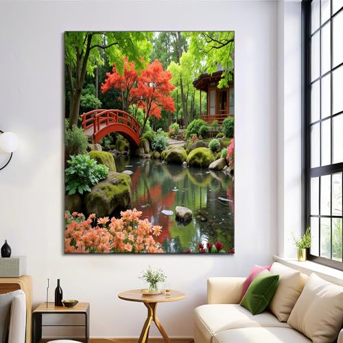 DLERFLOVR Cuadro Lienzo Puente De Arco De Estanque Decorativos Pintura Poster Jardín Japonés Imagen foto Cuadros Decorativos Salon Dormitorio Baño Comedor Oficina Pasillo 70l x 100an cm, Verde Oscuro