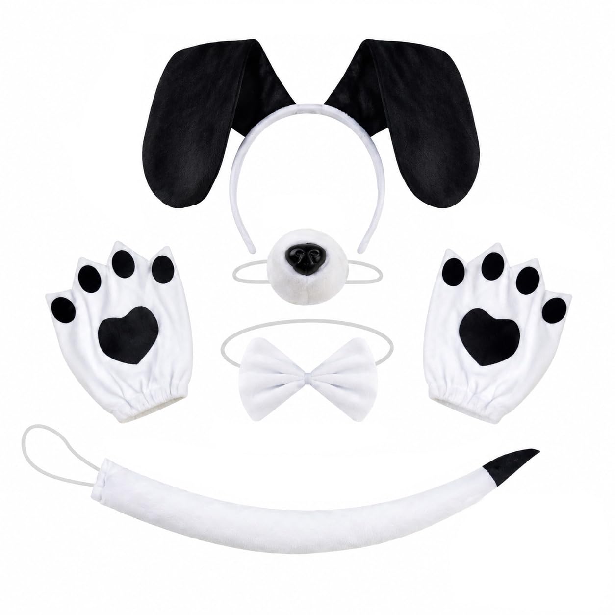 ALLGAYER 5 Piece Black and White Spotted Dog Costume Set,Dalmatian Puppy Ears Headband Tail Bowtie Nose Fingerless Gloves Kit for Adults,Halloween Cosplay Fancy Dress Party Accessories (White) — image 1
