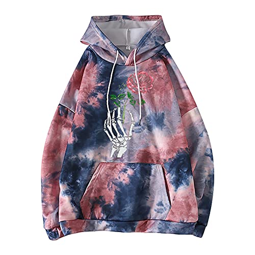 Auwer Women's Floral Print Halloween Hoodies Crew Neck Tie Dye Loose Sweatshirt with Pocket(Hot Pink,X-Large)