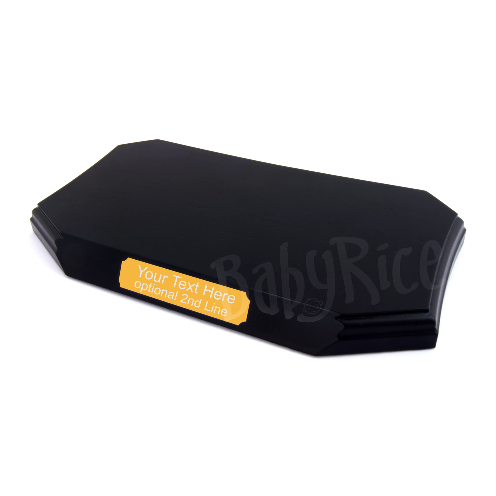 Black Curved Large Plinth Display Wooden Stand Base 8x4" with a Personalised Text Engraved Long Gold Plaque 15x90mm