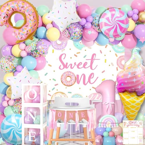 Daidle 1st Birthday Decorations for Girl 128pcs Sweet One Birthday Party Decorations Balloon Boxes Party Backdrop Photo Banner Donuts Ice Cream Candy Balloons Garland