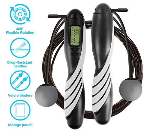 iMoebel Springseil digital Zähler Verstellbar - Speed Rope Seilspringen mit Stahl Seil Anti-Rutsch Schwerer ergonomisch Griffe, Kalorienzähler Timer für Fitness Boxen Abnehmen Crossfit (Schwarz)