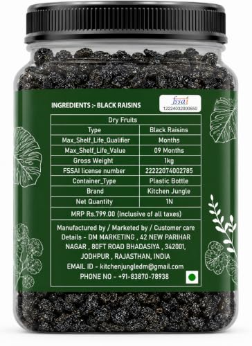 Image of Kitchen Jungle Premium Afghani Black Raisins Seedless 1kg | Kali Kishmish /Kismis | Dry Fruits, Healthy Snacks | Rich in Fiber, Potassium & Antioxidants | Tasty & Nutritious