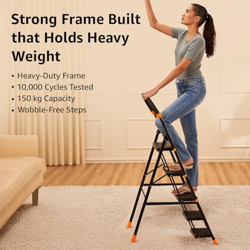 Image of Amazon Basics Curvo - Foldable Step Ladder, Ribbed Steps, Knee Guard, Non-Marring PVC Shoes, 5 Steps (Black & Orange)
