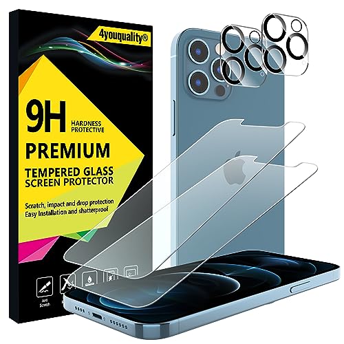 4youquality [4-in-1 Screen Protector for iPhone 12 Pro Max with Camera Lens Protector Tempered Glass Film 2-Pack Each [LifetimeSupport][Impact-Resistant][Anti-Scratch][Ultra-Transparent]
