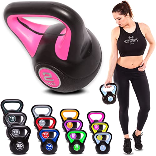 C.P. Sports - Set di pesi con maniglia, kettlebell in vinile, da ginnastica, da 2 kg, 3 kg, 4 kg, 5 kg, 6 kg, 8 kg, 10 kg, 12 kg,...