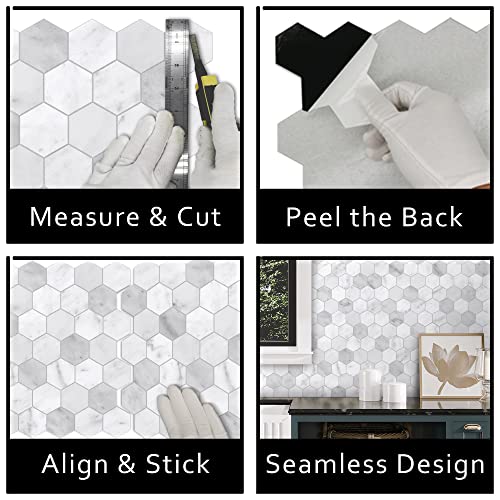 The Tiles Plaza Backsplash Tile For Kitchen Peel And Stick. White Hexagon Marble Self Adhesive Wall Tile. Stone Composite Stick On Decorative Mosaic Tile For Bathroom, Fireplace, 10 Sheets, 9 Sq Ft. #TOP6